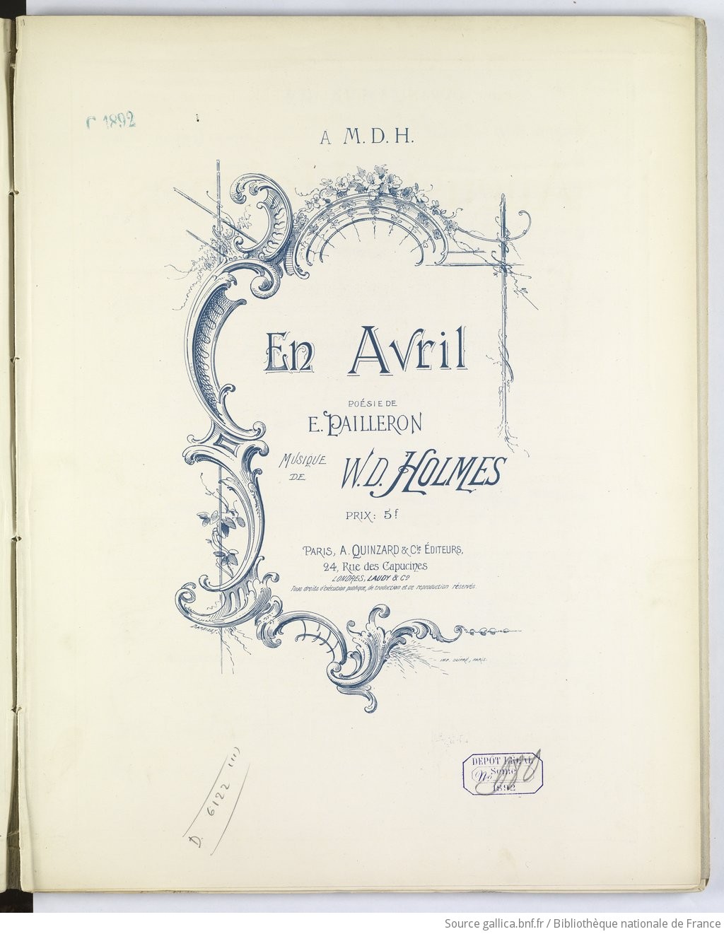 En Avril Poesie De E Pailleron Musique De W D Holmes Gallica