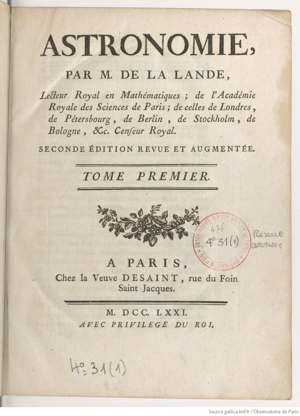 Astronomie. Tome 1 / , par M. de La Lande,... 2e édition...