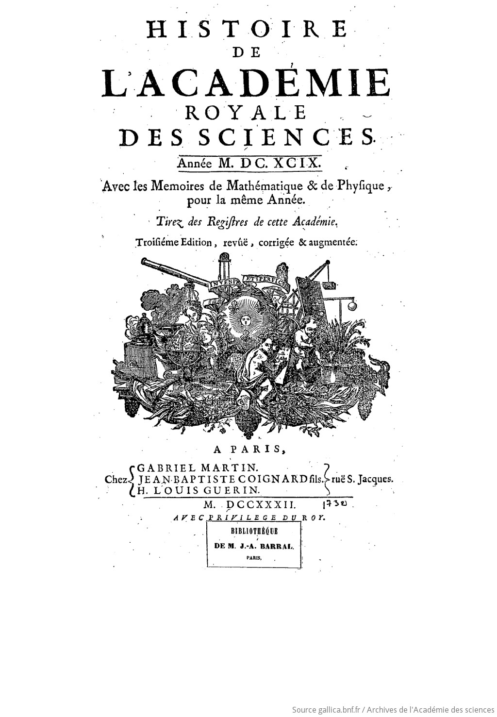 Frontpiece of the third edition of the 1699 publication of Histoire et Mémoirs. Source: Gallica.