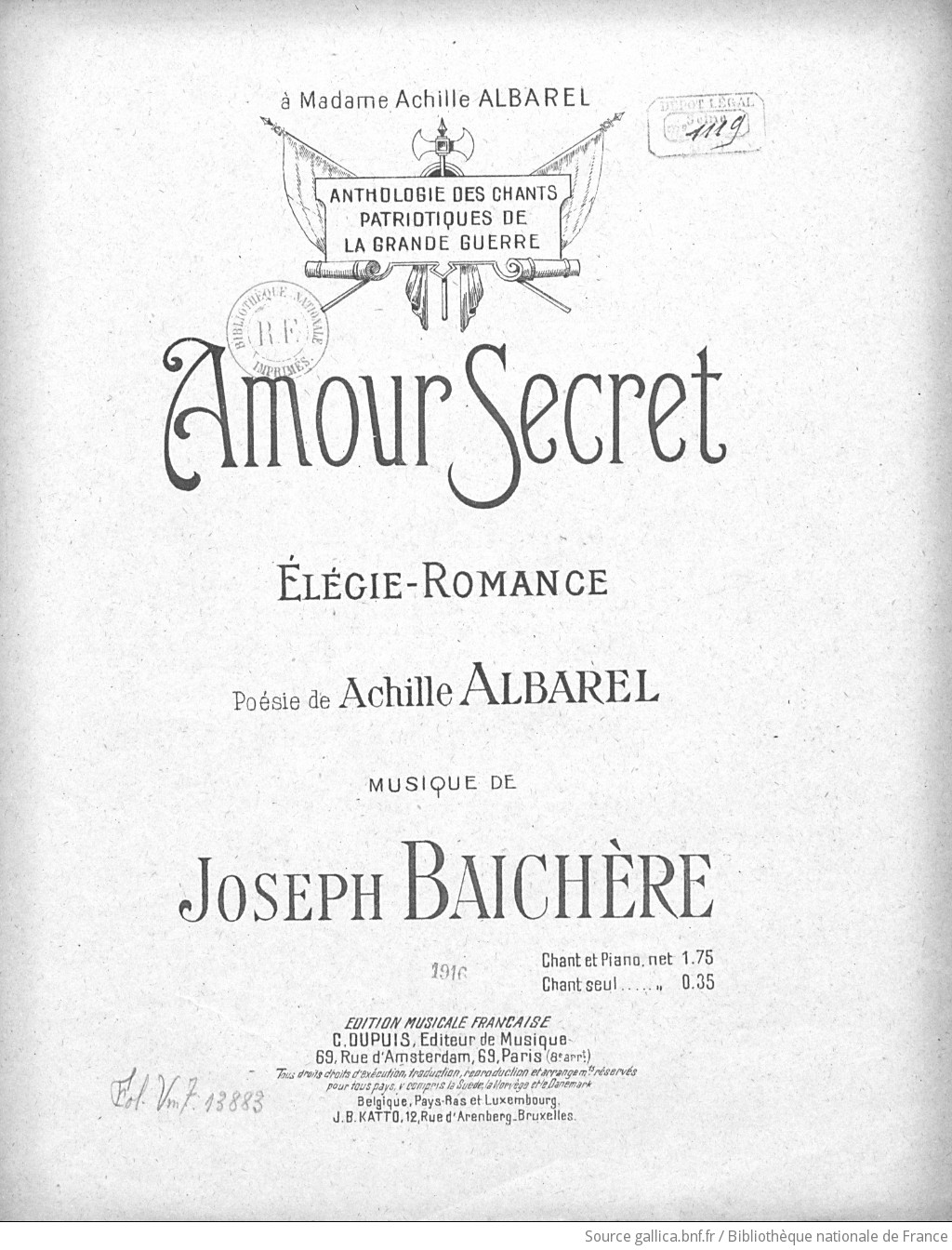 Amour Secret Elegie Romance Poesie De Achille Albarel Musique De Joseph Baichere Gallica