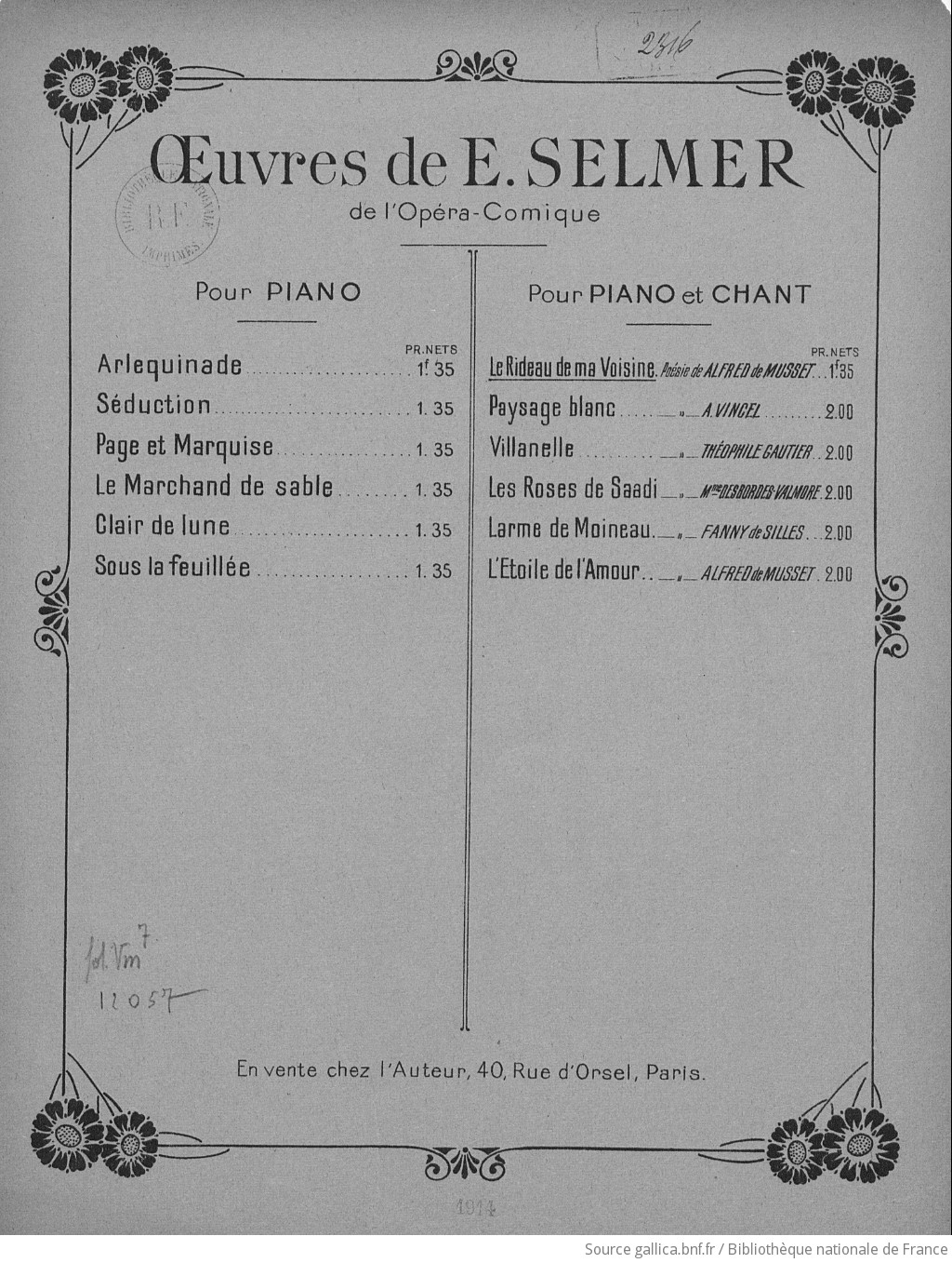 Le Rideau de ma voisine. Poésie de Alfred de Musset, musique de Emile  Selmer. Op. 3 | Gallica