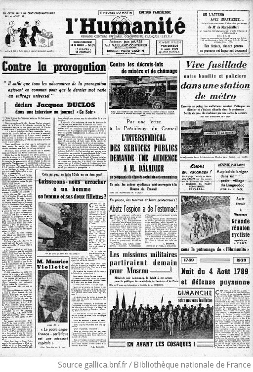 L'Humanité : Journal Socialiste Quotidien | 1939-08-04 | Gallica