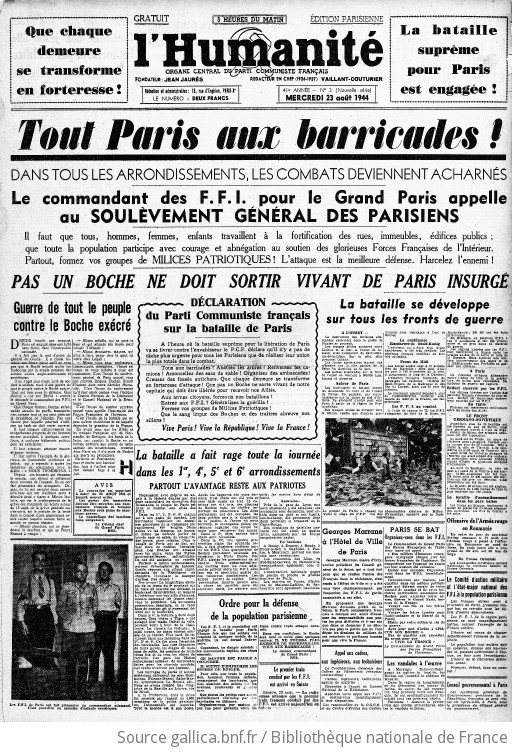 L'Humanité : Journal Socialiste Quotidien | 1944-08-23 | Gallica