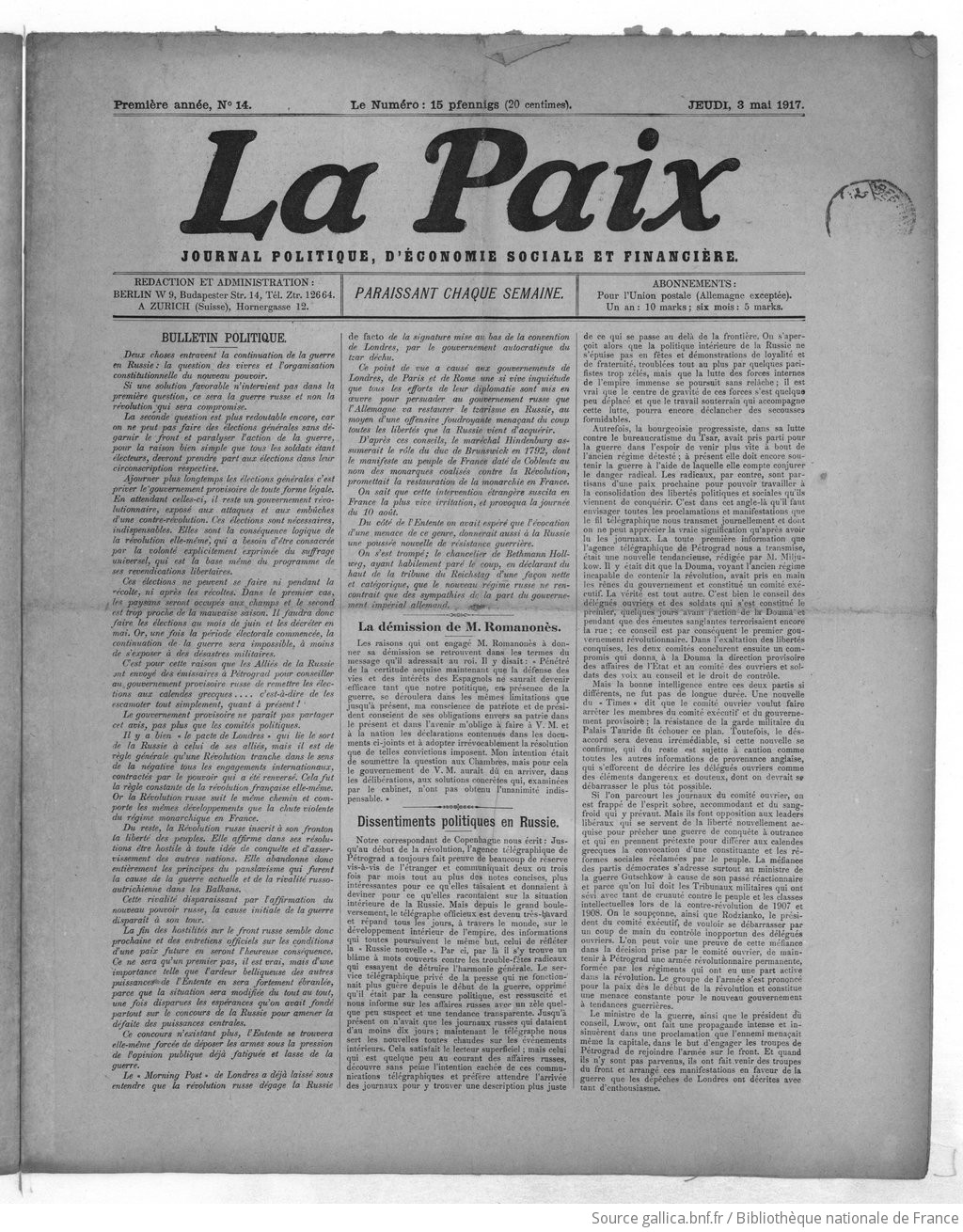 La Paix Journal Politique Déconomie Sociale Et Financière - 