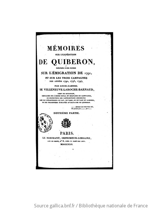 Mémoires sur l expédition de Quiberon précédés d une notice sur l émigration de 1791 et sur