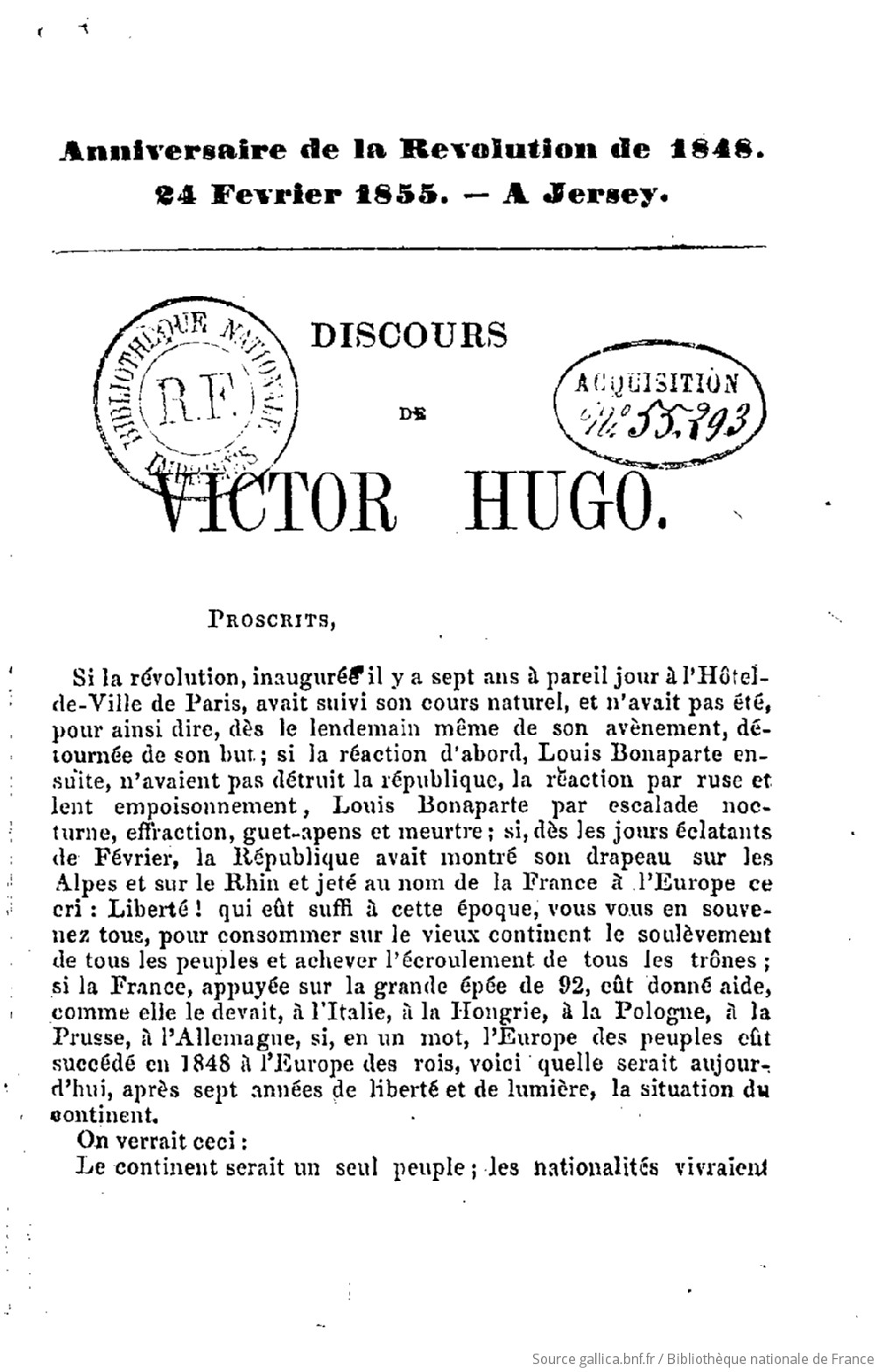 Anniversaire De La Revolution De 1848 24 Fevrier 1855 A Jersey Discours De Victor Hugo Gallica