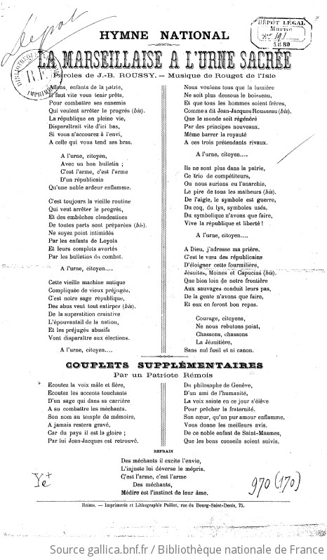 Hymne National. La Marseillaise à L'urne Sacrée. Paroles De J.-B ...