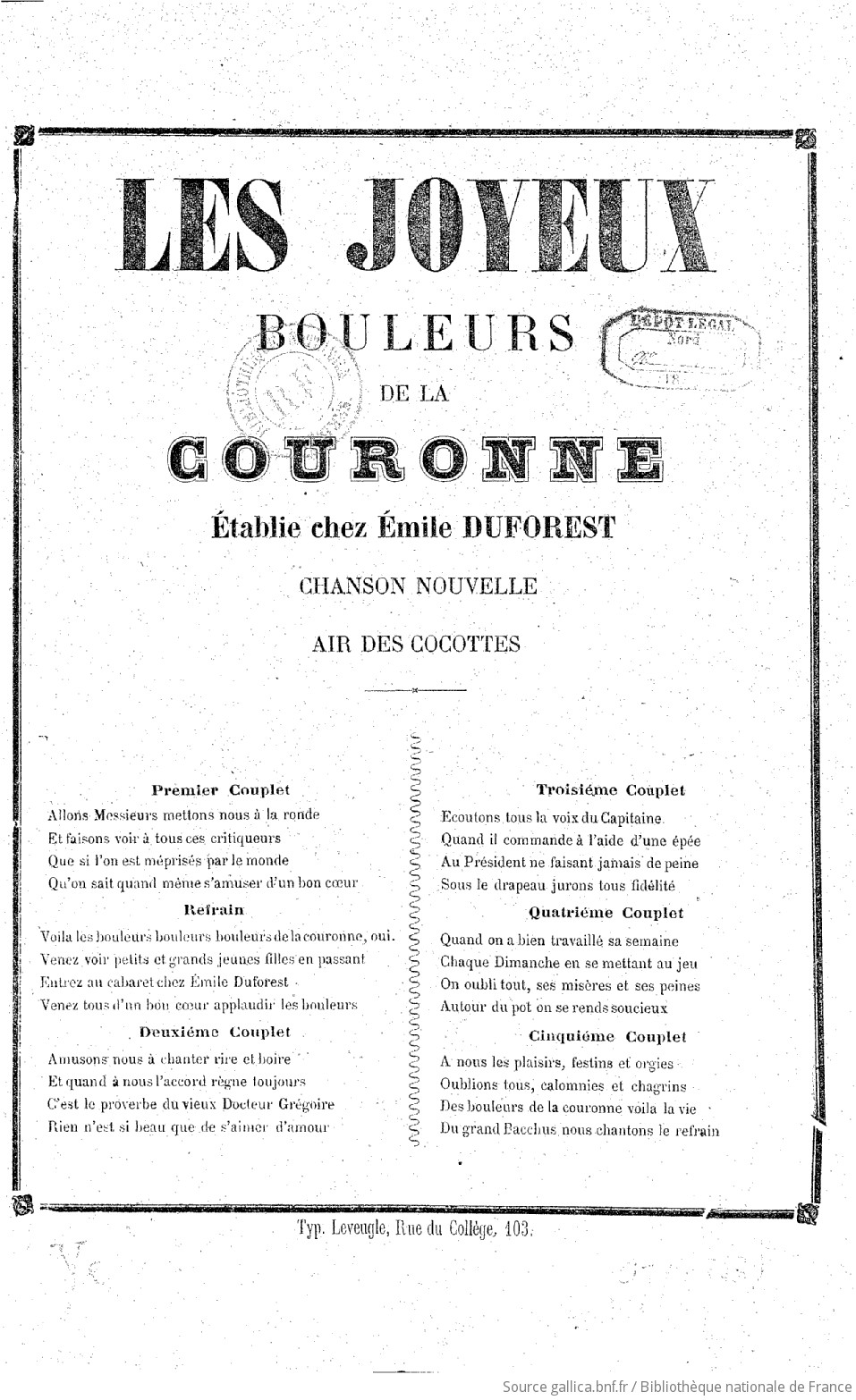 Les Joyeux Bouleurs De La Couronne Etablie Chez Emile Duforest Chanson Nouvelle Gallica