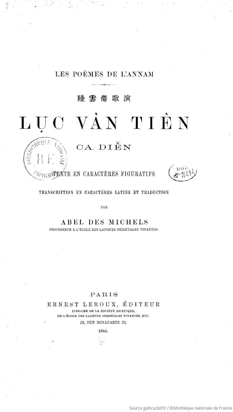 Luc Vân Tiên ca diên : les poèmes de l'Annam / [Nguyên Dinh Chiêu 