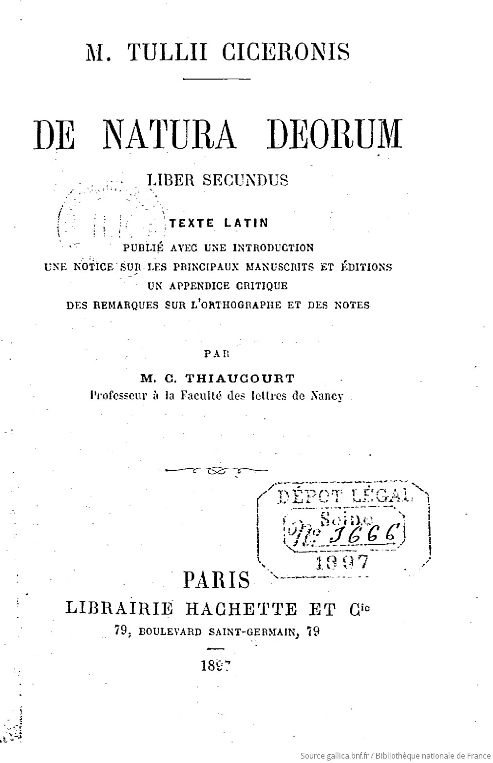 De natura deorum liber secundus / M. Tullii Ciceronis ; texte latin publié  avec une introduction, une notice