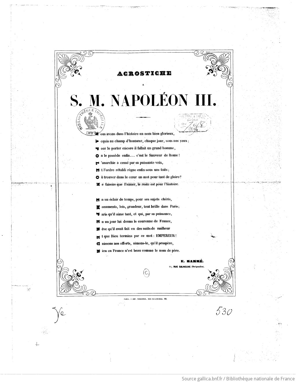 Acrostiche A S M Napoleon Iii Signe E Barre Gallica