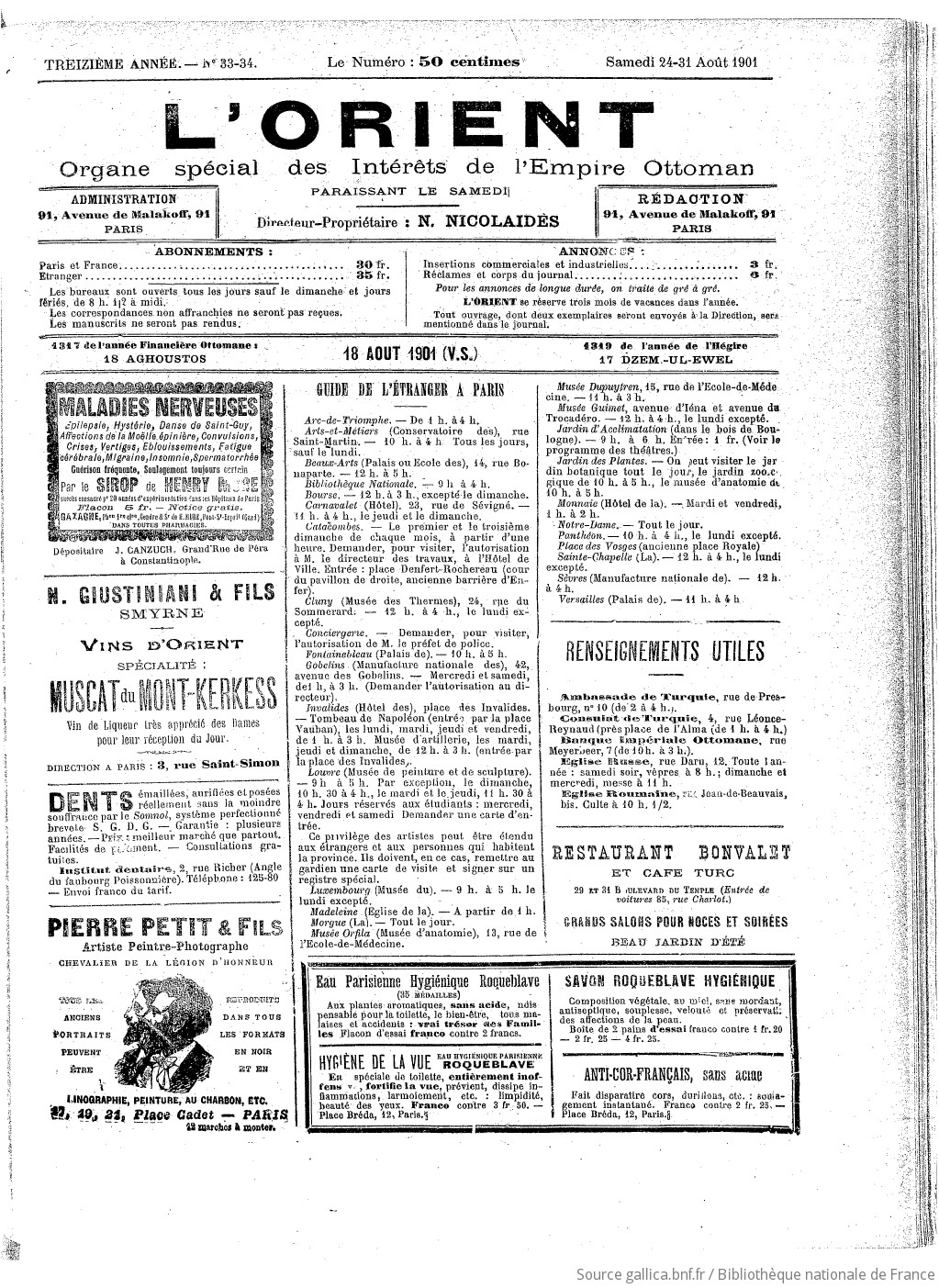 L Orient Revue Franco Hellenique Organe Special Des Interets Grecs N Nicolaides Directeur Fondateur 1901 08 24 Gallica