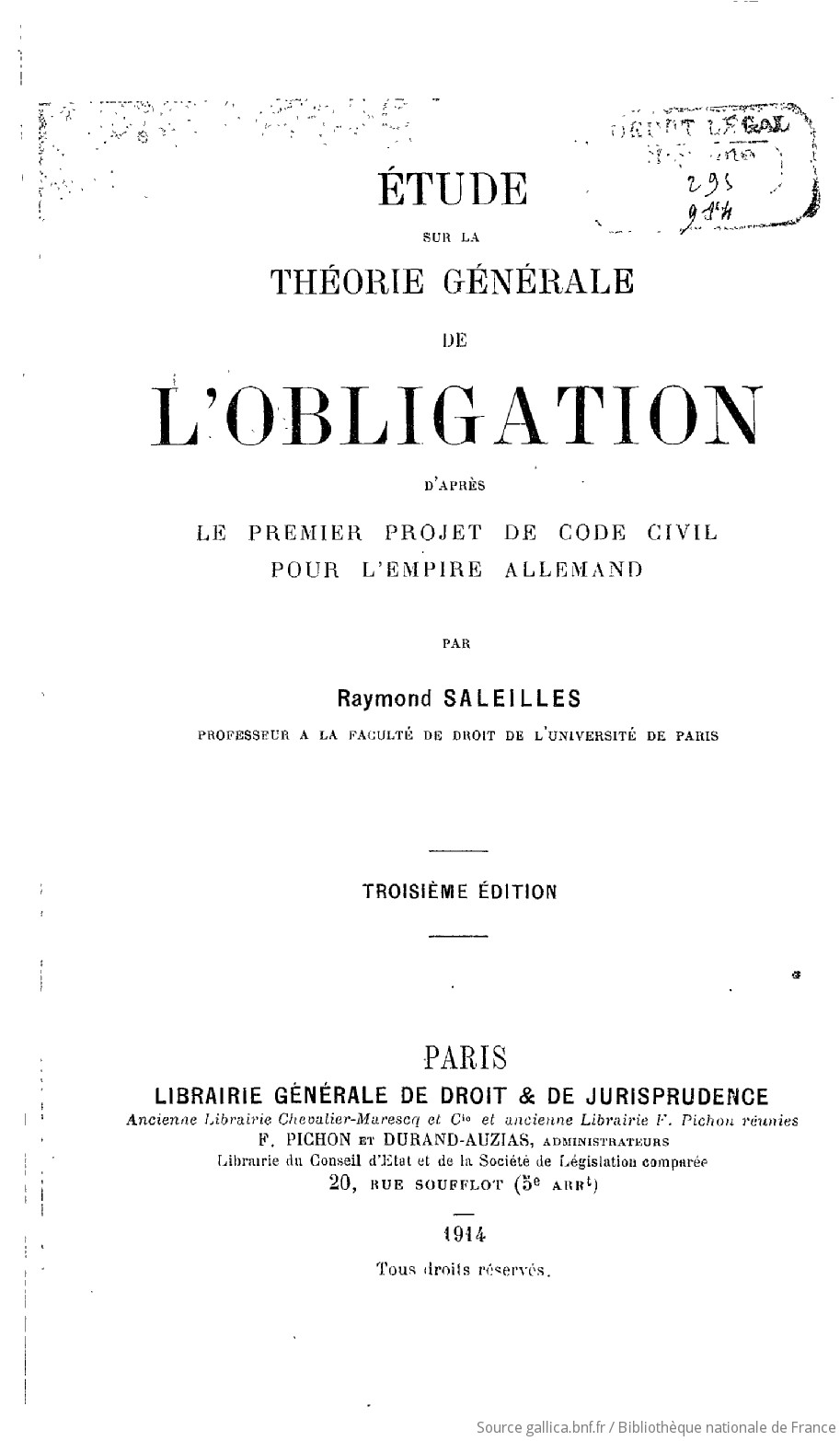 étude Sur La Théorie Générale De Lobligation Daprès Le - 