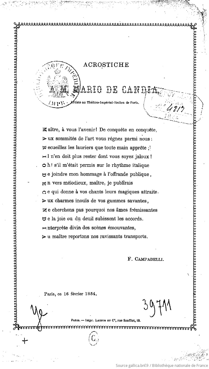 Acrostiche A M Mario De Candia Artiste Du Theatre Imperial Italien De Paris Signe F Campadelli