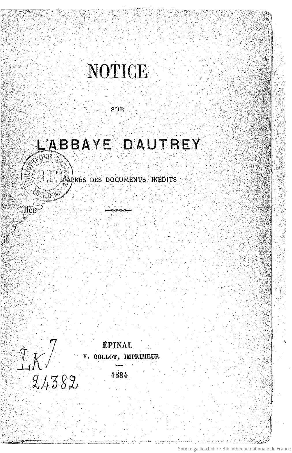 Notice sur l'abbaye d'Autrey : d'après des documents inédits / [signé E.  Ch. [1er juin 1884]