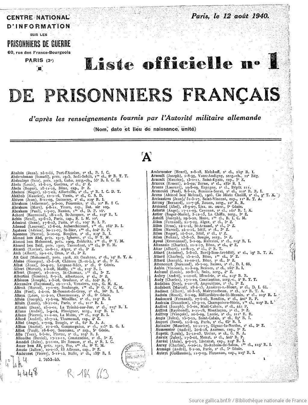 Liste Officielle Des Prisonniers De Guerre Français 1941