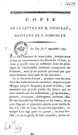 Copie de la lettre de M. Nicoleau, habitant de S. Domingue. P-F, Nicoleau. 1791