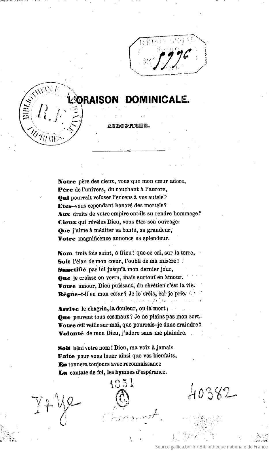 L Oraison Dominicale Acrostiche La Salutation Angelique Acrostiche Par D J F Cheronnet Gallica