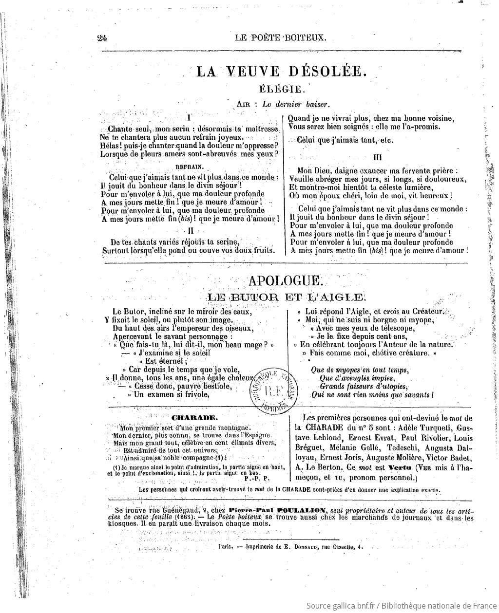 Le Poète boiteux : littéraire, scientifique et lyrique / Pierre-Paul  Poulalion, auteur, éditeur | 1868 | Gallica