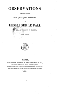 Observations grammaticales sur quelques passages de l'Essai sur le paliE. Burnouf. 1827