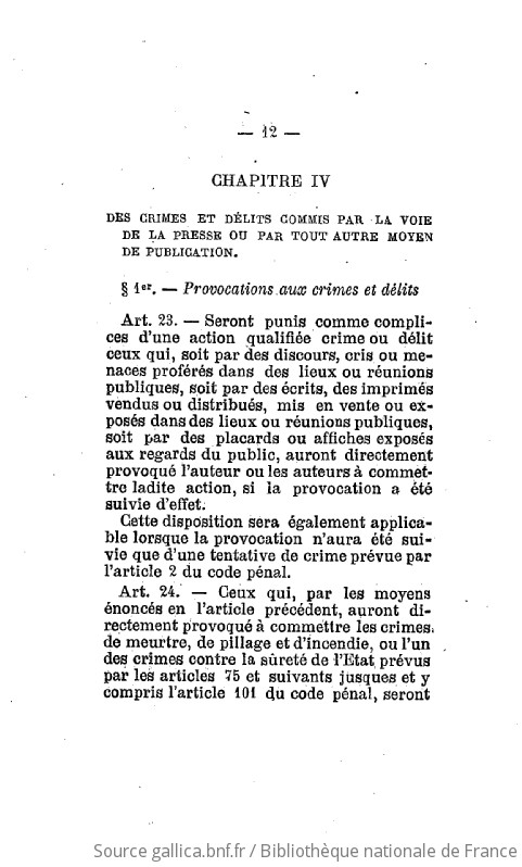 Loi Sur La Liberté De La Presse Du 29 Juillet 1881 Gallica