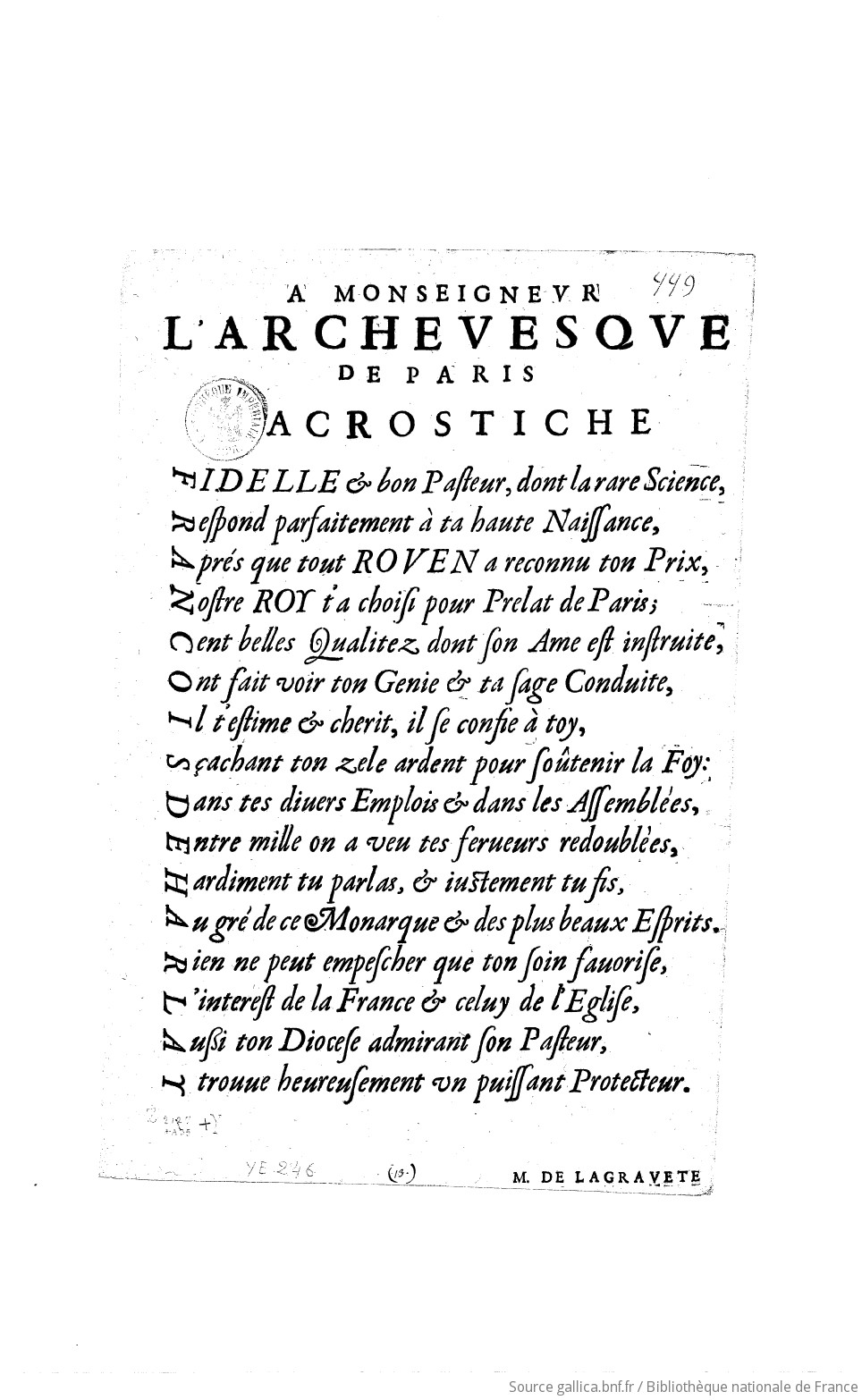 A Monseigneur L Archevesque De Paris Acrostiche Gallica