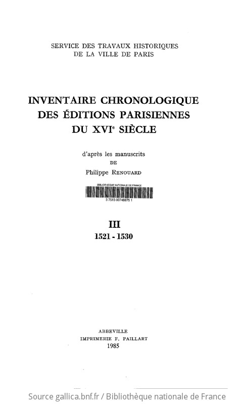 Inventaire chronologique des éditions parisiennes du XVIe siècle 