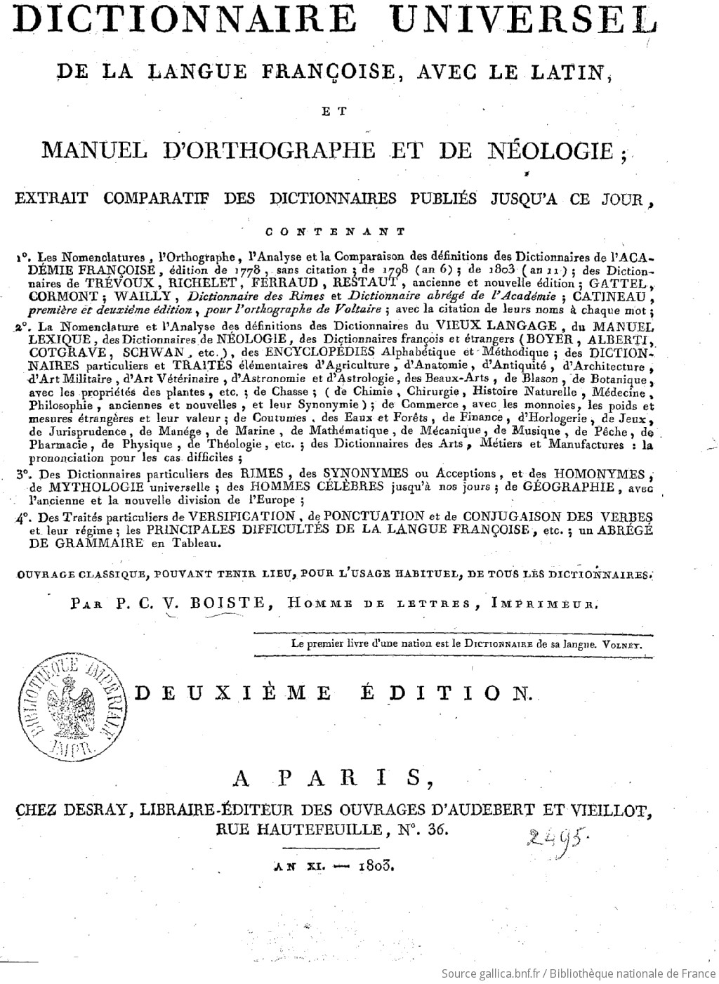 Dictionnaire Universel De La Langue Francoise Avec Le Latin Et Manuel D Orthographe Et De Neologie Par P C V Boiste 2e Edition Gallica