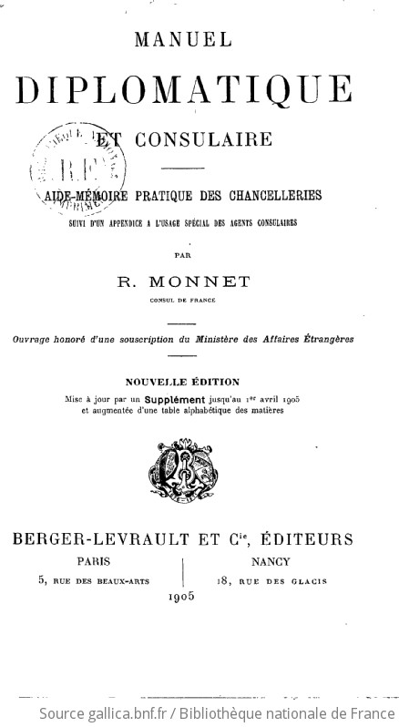 Manuel Diplomatique Et Consulaire, Aide-mémoire Pratique Des ...