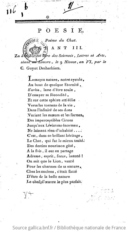 Poesie Poeme Du Chat Chant Iii Lu A La Societe Libre Des Sciences Lettres Et Arts Seant Au Louvre Le 9 Nivose An Vi Par Le C Guyot Desherbiers Gallica