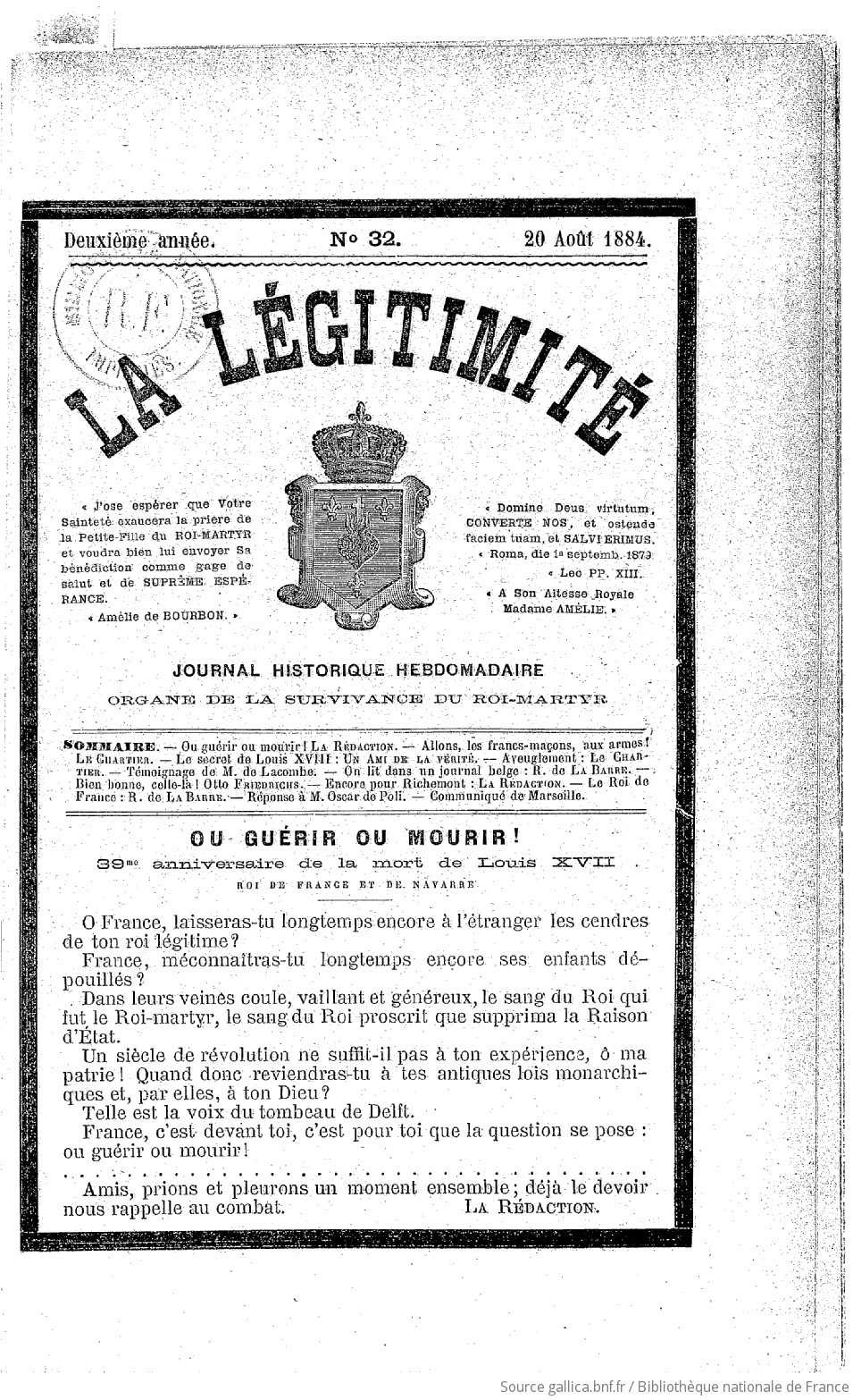 La Legitimite Journal Historique Hebdomadaire Puis Revue Historique Bi Mensuelle Puis Revue Historique Mensuelle Organe De La Survivance Du Roi Martyr Puis Journal Contre Revolutionnaire Et Anti Maconnique 14 08 Gallica