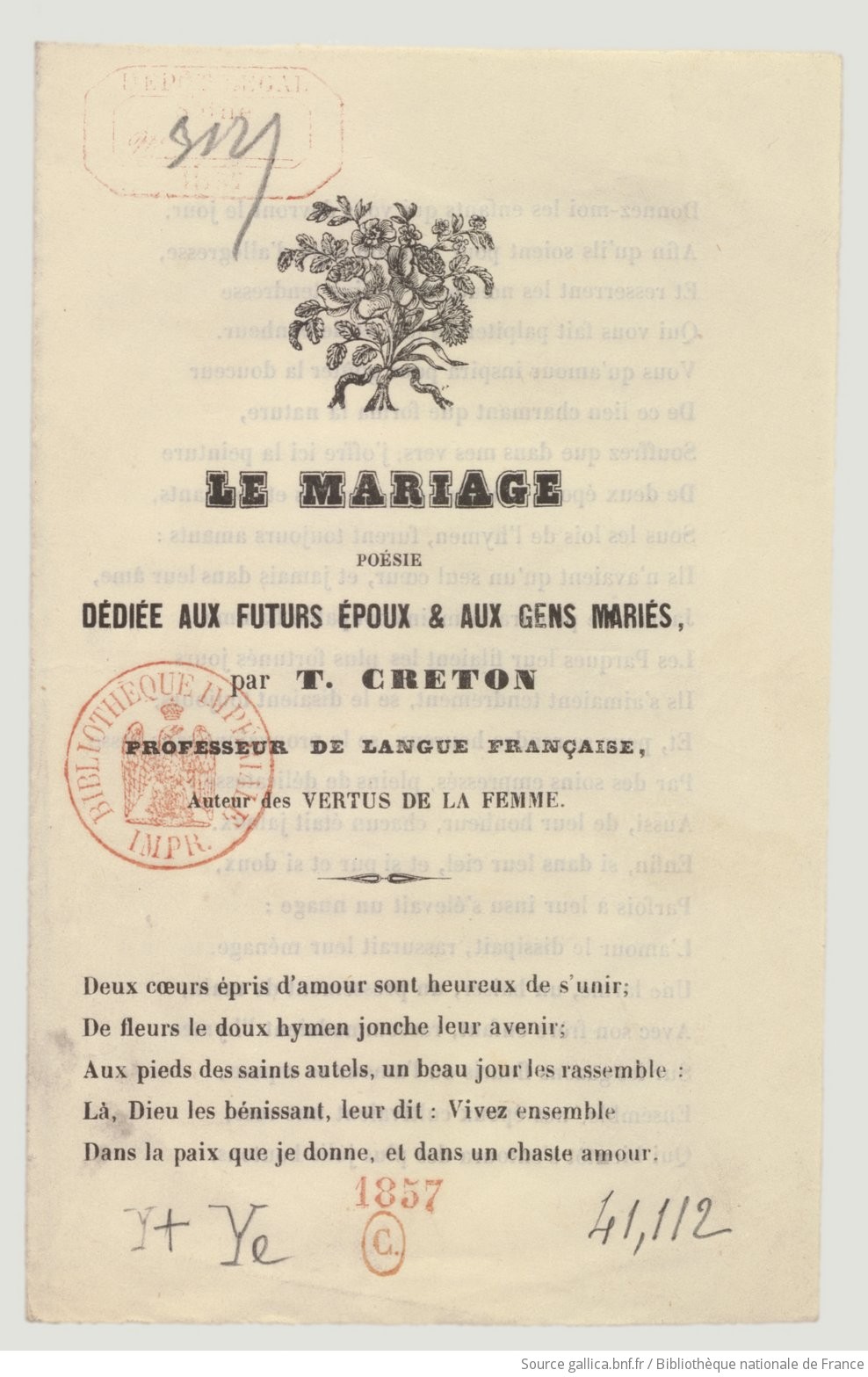 Le Mariage Poesie Dediee Aux Futurs Epoux Aux Gens Maries Par T Creton Gallica