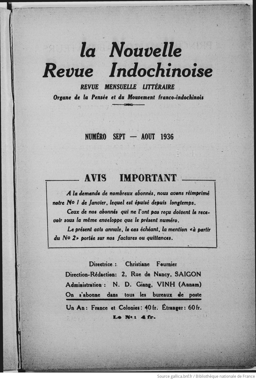 La Nouvelle revue indochinoise / directrice, Christiane Fournier  1936-19..