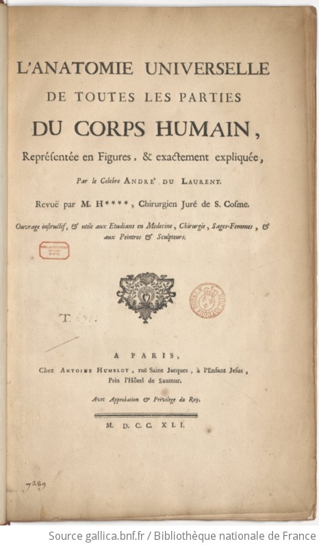 L Anatomie Universelle De Toutes Les Parties Du Corps Humain Representee En Figures Et Exactement Expliquee Par Le Celebre Andre Du Laurent Sic Revue Par M H Chirurgien Jure De S Cosme