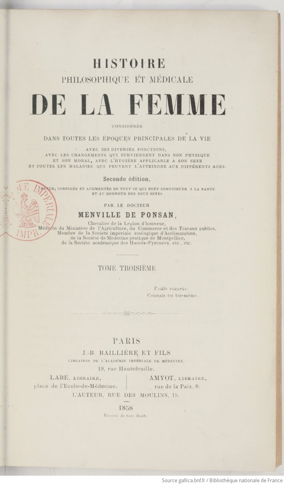 Histoire médicale et philosophique de la femme : considérée dans toutes les  époques principales de sa vie,