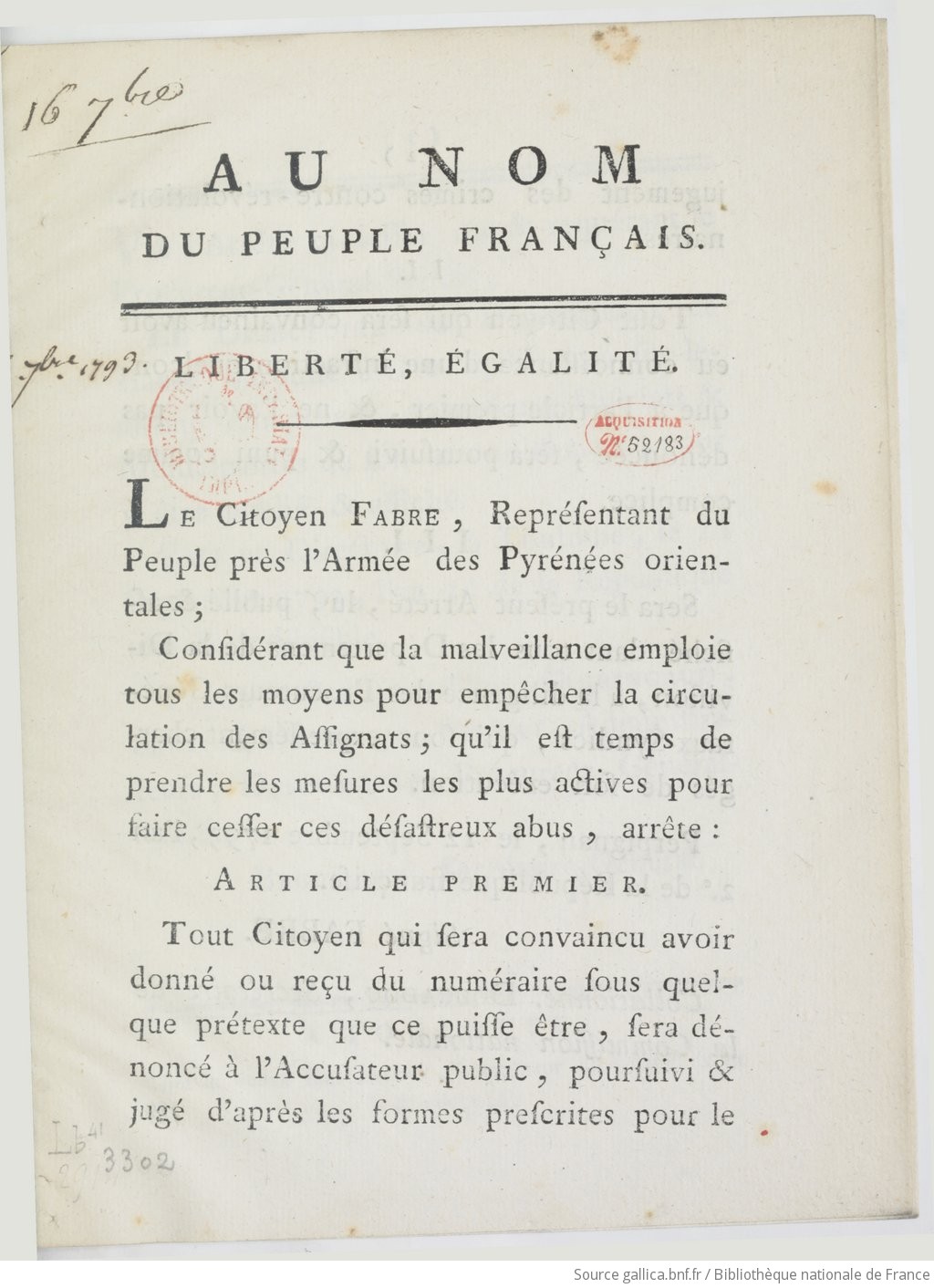 Arrêté de Fabre, représentant du peuple près l'armée des Pyrénées orientales, 12 septembre 1793, Page 1