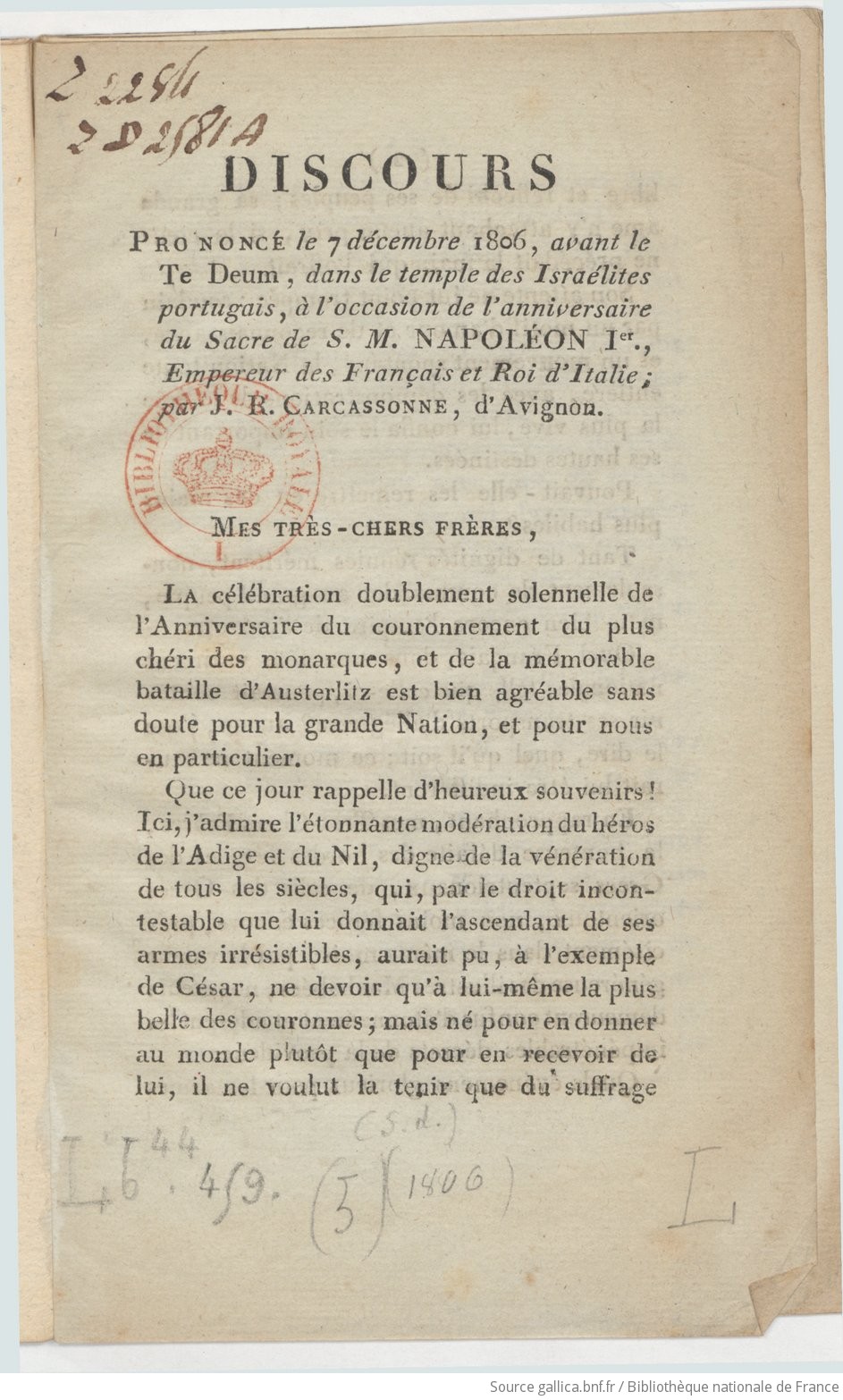 Discours Prononce Le 7 Decembre 1806 Avant Le Te Deum Dans Le Temple Des Israelites Portugais A L Occasion De L Anniversaire Du Sacre De S M Napoleon Ier Par J R Carcassonne Gallica