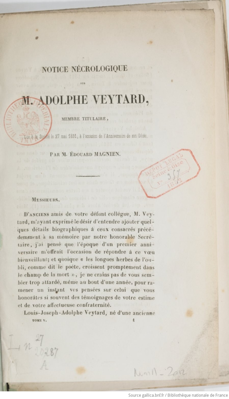 Notice Necrologique Sur M Adolphe Veytard Membre Titulaire Lue A La Societe Le 27 Mai 1851 A L Occasion De L Anniversaire De Son Deces Par M Edouard Magnien Gallica