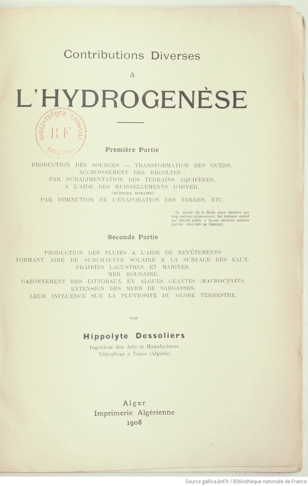 Contributions diverses à l'hydrogénèse... / par Hippolyte Dessoliers,...
