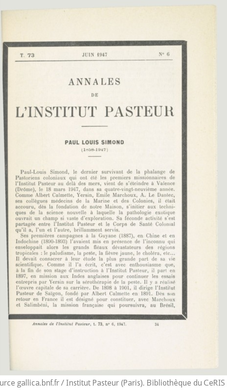 Annales De L'Institut Pasteur : Journal De Microbiologie / Publiées ...