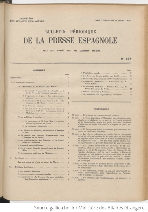 Bulletin périodique de la presse espagnole  19360727  Gallica