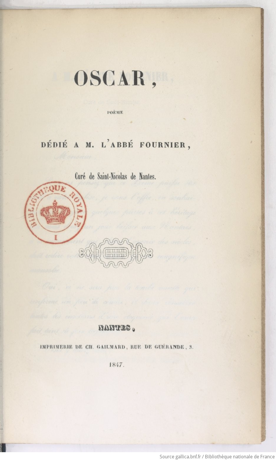 大得価得価『Oscar, poeme dedie a M.l\'abbe Fournier』1847年フランス刊 初版本 ナント/サン・ニコラ教会牧師Felix Fournierにに捧ぐフランス詩篇集 画集
