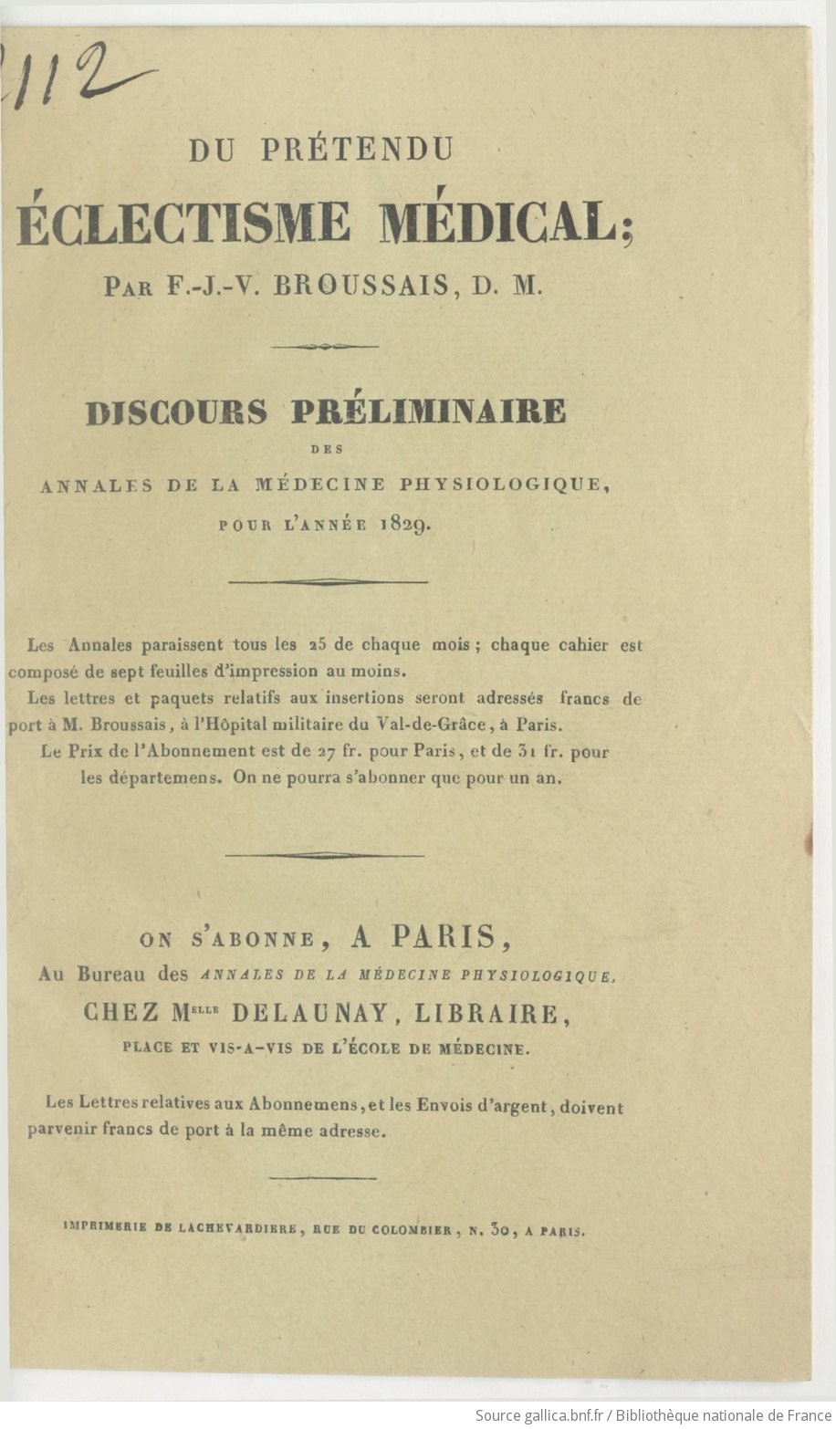 Du Pretendu Eclectisme Medical Par F J V Broussais Discours Preliminaire Des Annales De La Medecine Physiologique Pour L Annee 19 Gallica