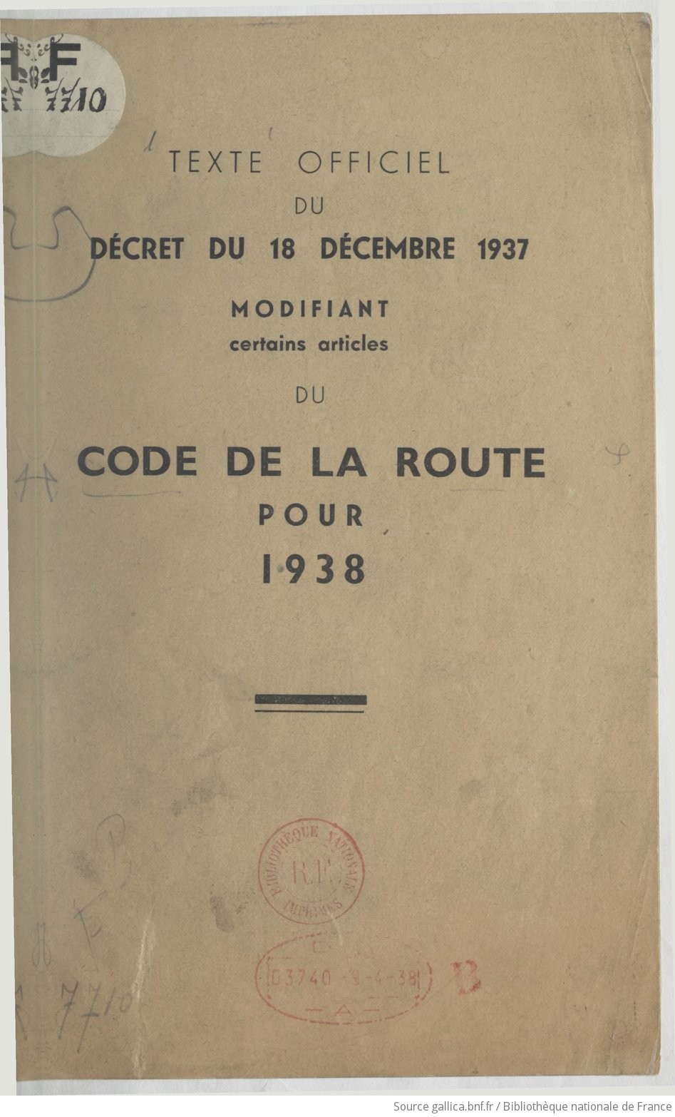 LIVRE - CODE DE LA ROUTE 1938
