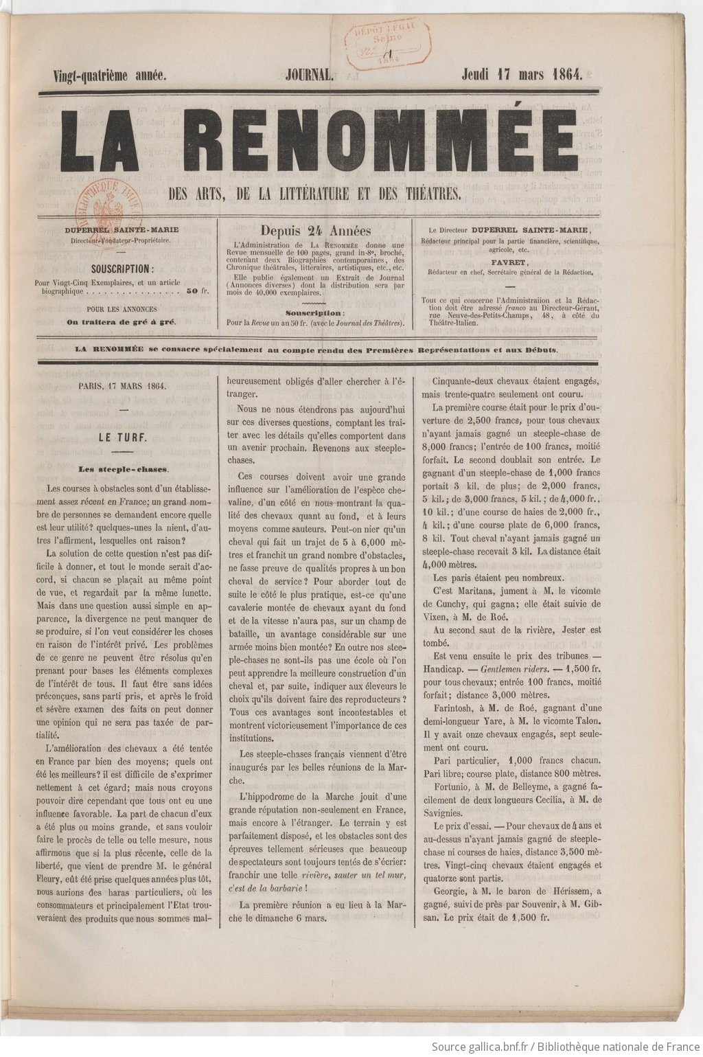 La Renommée : programme quotidien | 1864-03-17 | Gallica