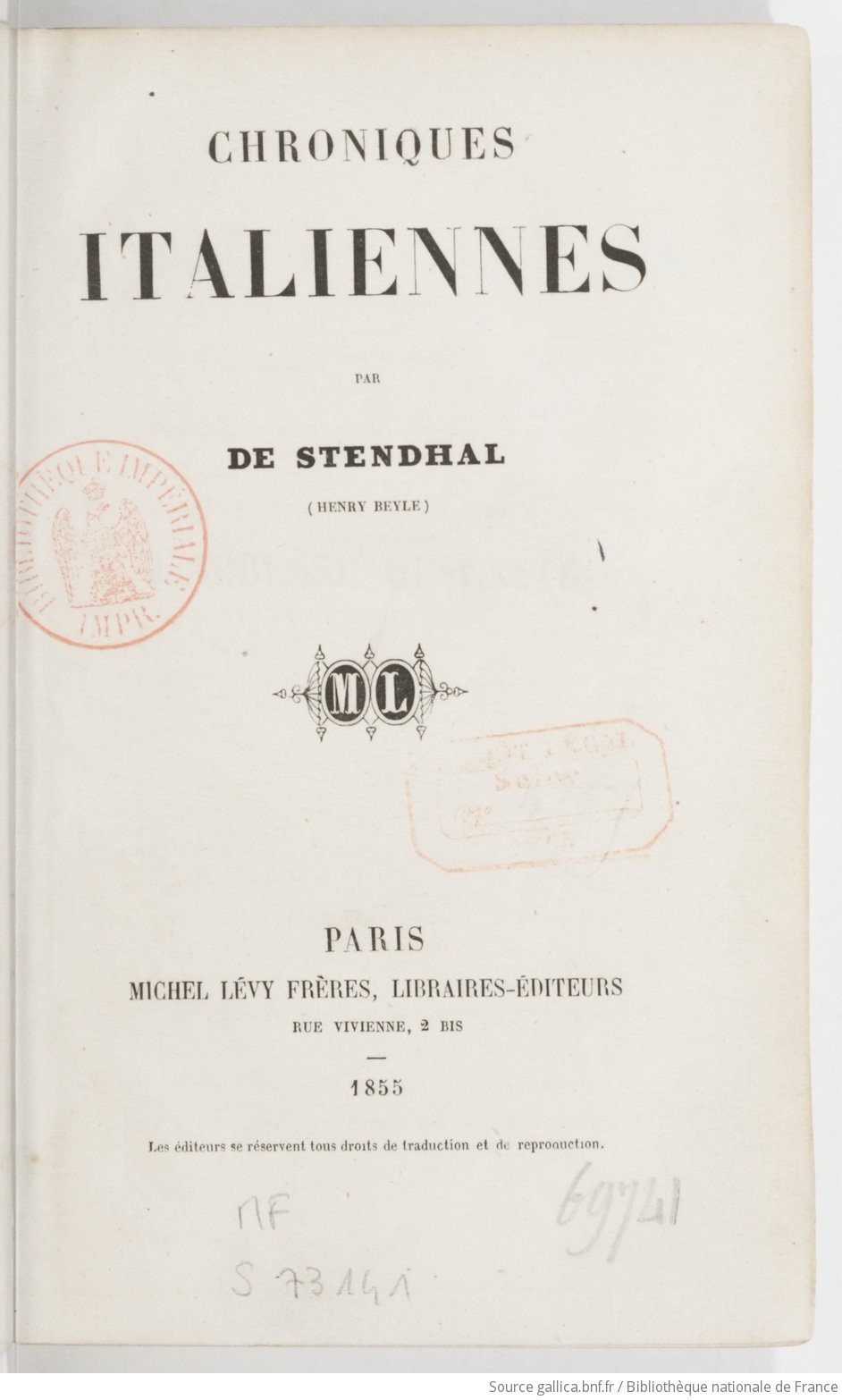 Chroniques Italiennes Par De Stendhal Henry Beyle Gallica