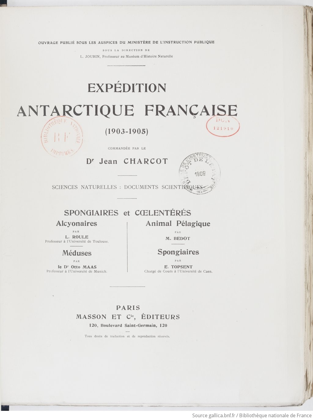 Expédition antarctique française (1903-1905), commandée par le dr Jean Charcot. , Spongiaires et coelentérés