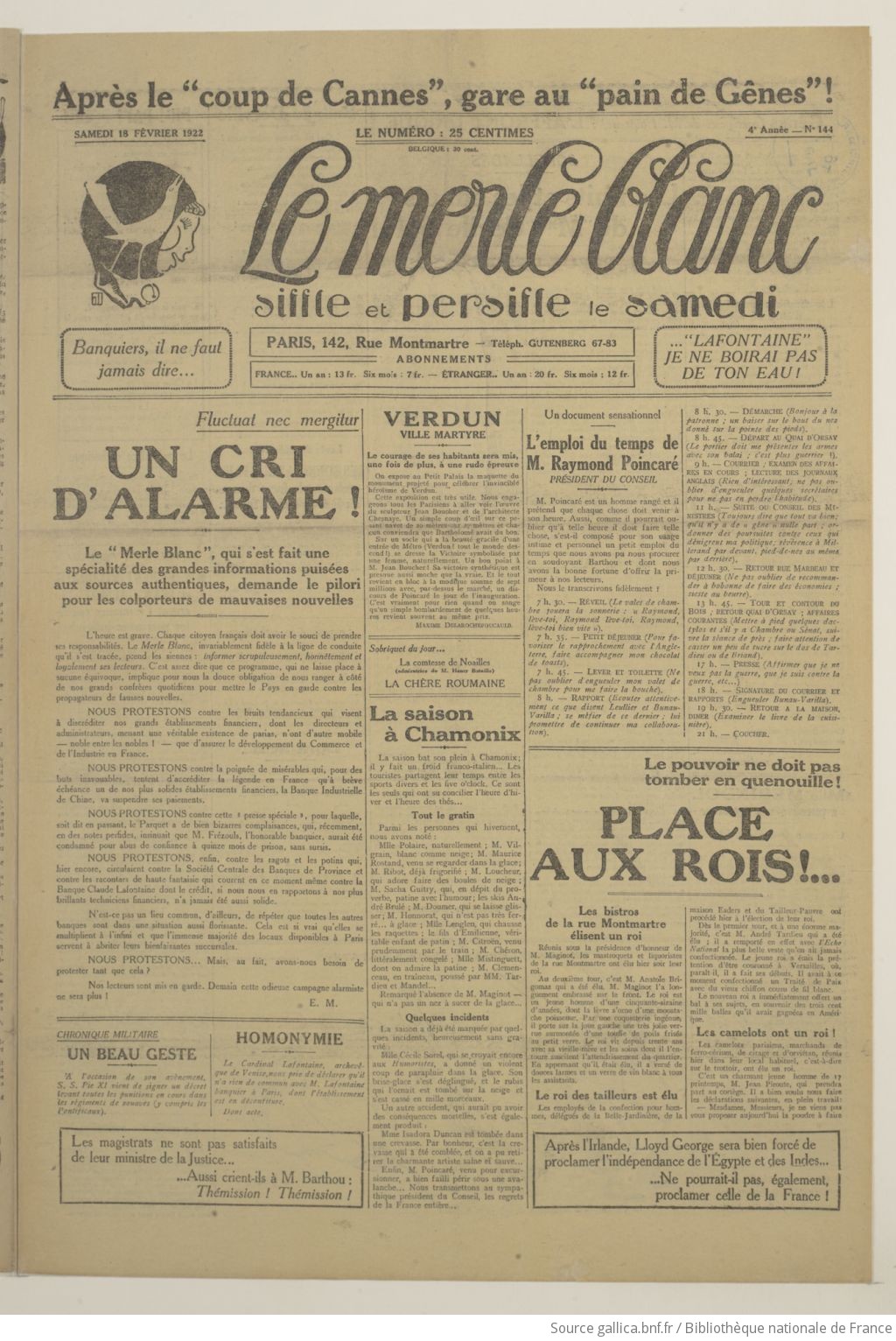 Le Merle blanc : siffle et persifle le samedi / directeur Eugène Merle ;  rédacteur en chef Victor Méric | 1922-02-18 | Gallica