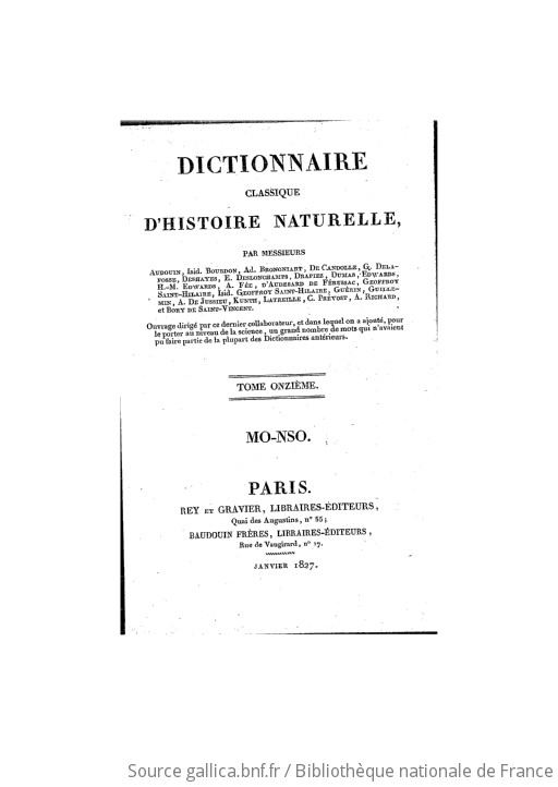 Dictionnaire Classique D'histoire Naturelle. Tome 11, MO-NSO / Par ...