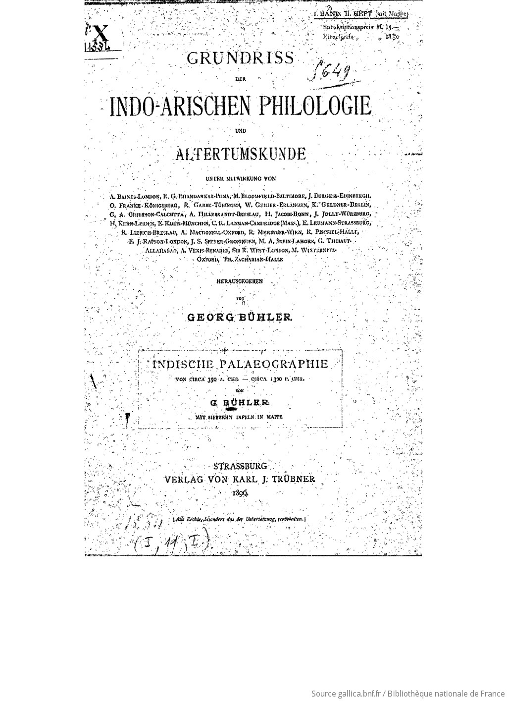 Indische Palaeographie Von Circa 350 A Chr Circa 1300 P Chr Von G Buhler Gallica